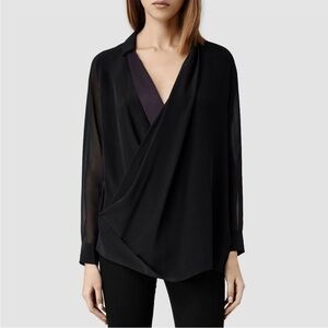 All Saints Allsaints Black Plum Asymmetric Long Sleeve Silk Lucas Shirt Size 2